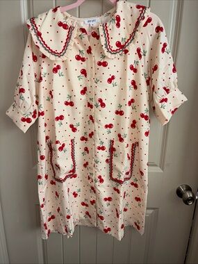 Cream Cherry-Print Asymmetrical Women’s Dress with Peter Pan Collar